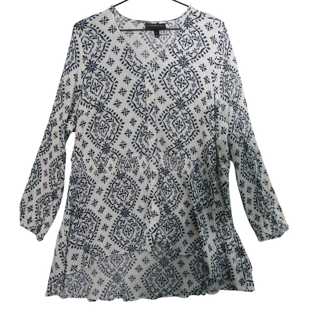 Lane Bryant Button Up Tunic Womens 20 White Blue‎ Excellent Boho High Low Gauze